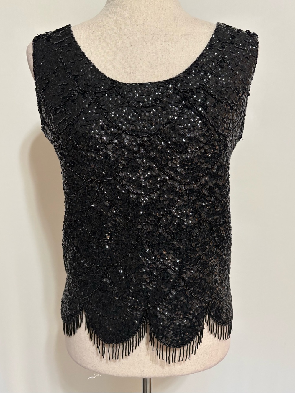 Vintage 60s Black Sequin Beaded Zip-Up Sleeveless Top Size M STUNNING
